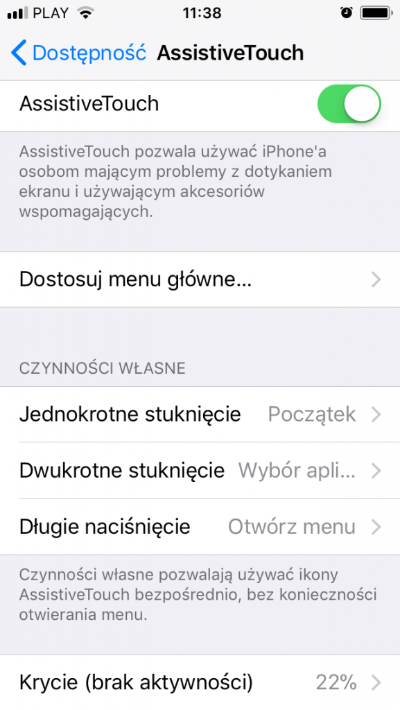 Assistive Touch ustawienia iOS11