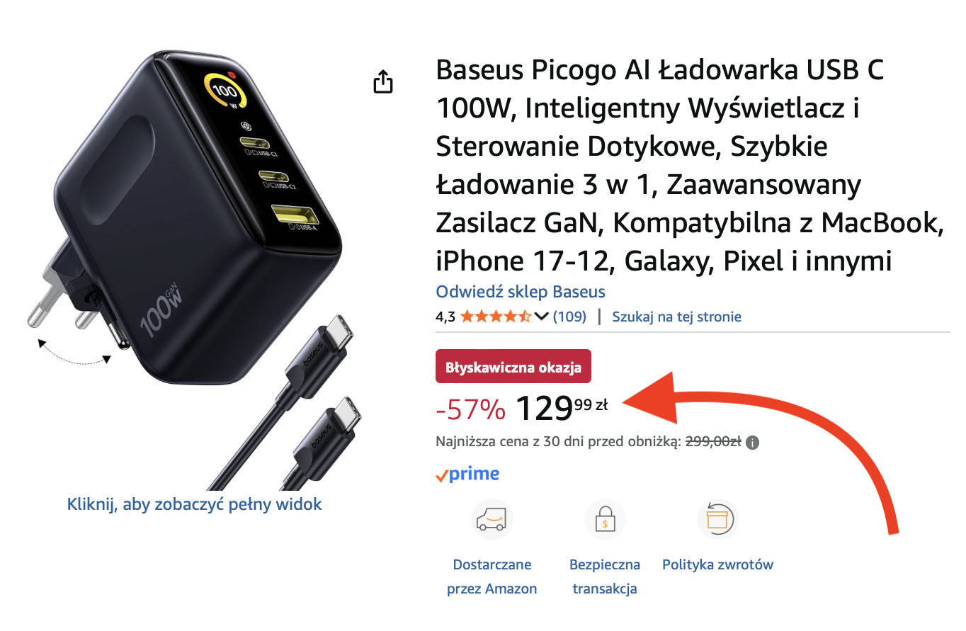 OKAZJA DNIA: szybka ładowarka Baseus Picogo AI USB-C 100 W GaN w bardzo niskiej cenie
